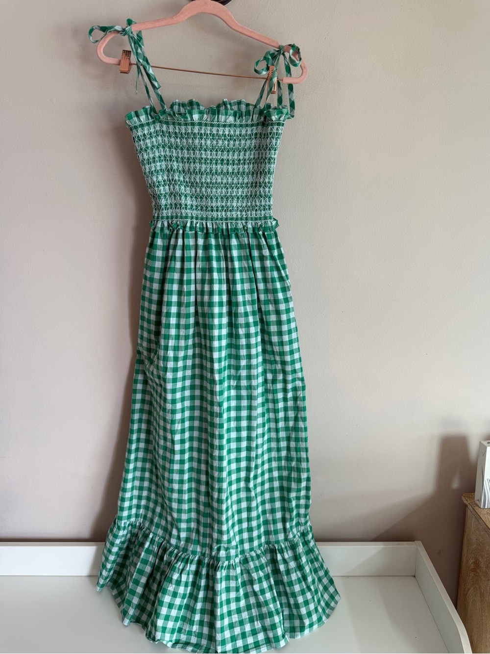 Kate Spade New York Green Gingham Smocked Bodice Tie-Shoulder Maxi Dress Size